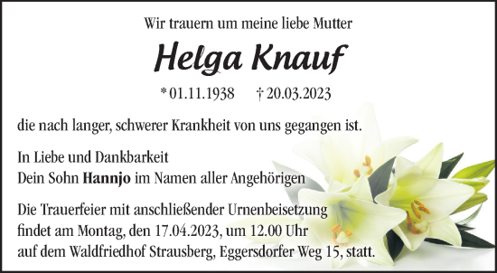 Traueranzeige von Helga Knauf von Märkische Oderzeitung