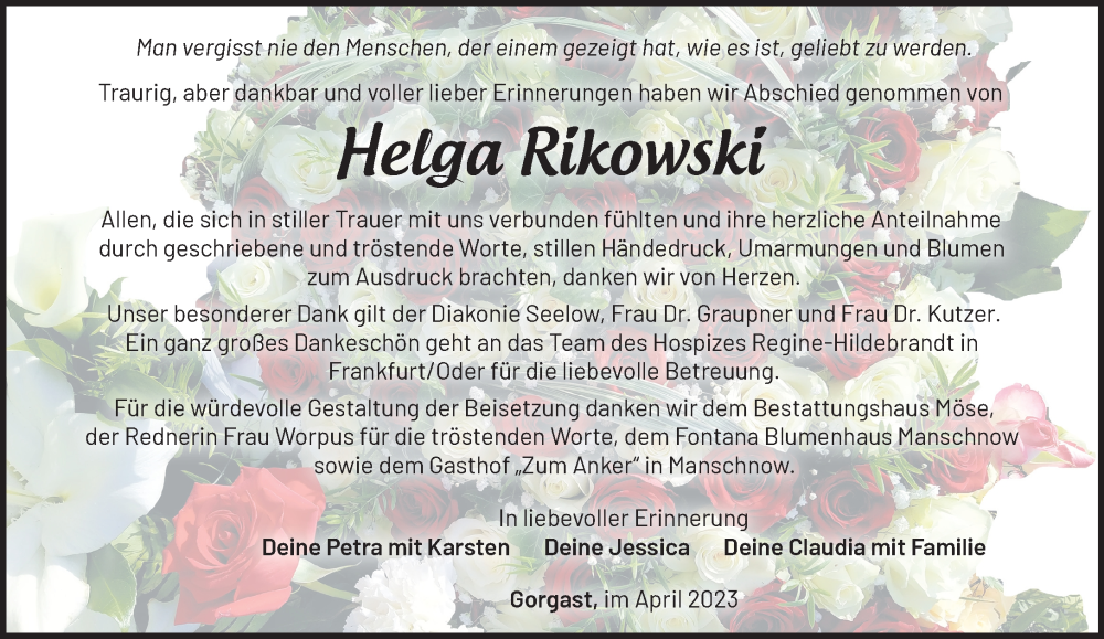 Traueranzeige für Helga Rikowski vom 15.04.2023 aus Märkische Oderzeitung
