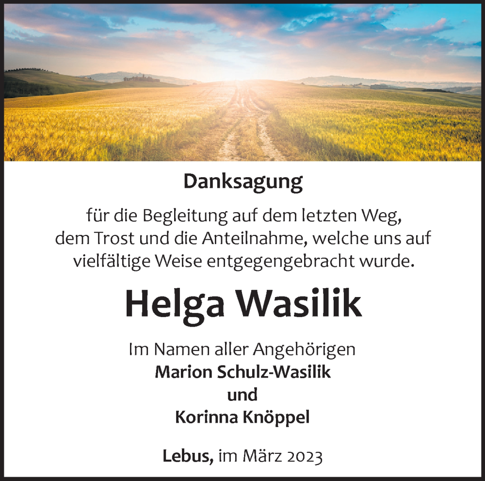  Traueranzeige für Helga Wasilik vom 08.04.2023 aus Märkische Oderzeitung