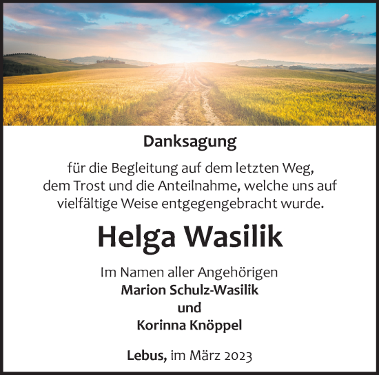 Traueranzeige von Helga Wasilik von Märkische Oderzeitung