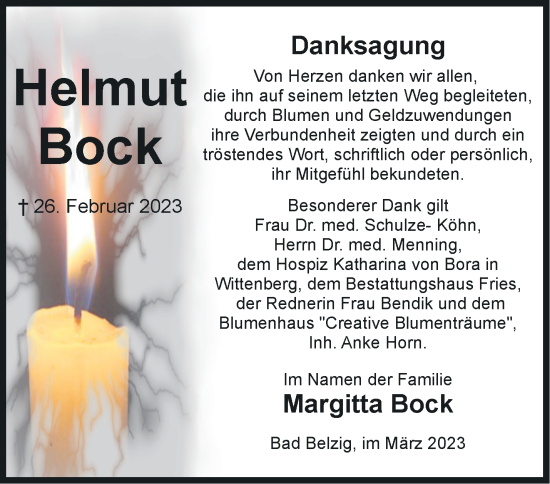 Traueranzeige von Helmut Bock von Märkische Oderzeitung