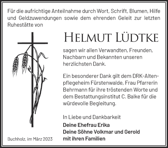 Traueranzeige von Helmut Lüdtke von Märkische Oderzeitung