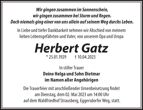 Traueranzeige von Herbert Gatz von Märkische Oderzeitung