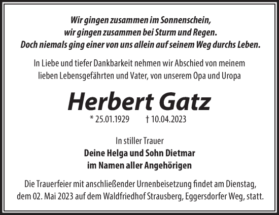 Traueranzeige von Herbert Gatz von Märkische Oderzeitung