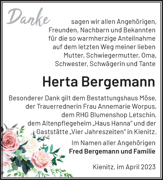 Traueranzeige von Herta Bergemann von Märkische Oderzeitung