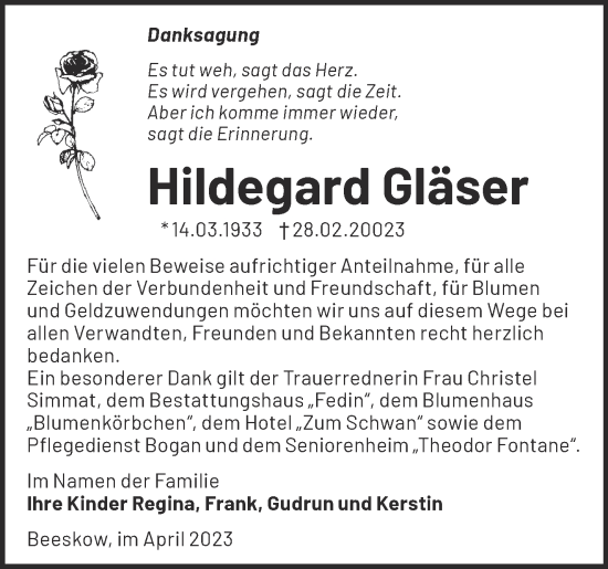 Traueranzeige von Hildegard Gläser von Märkische Oderzeitung