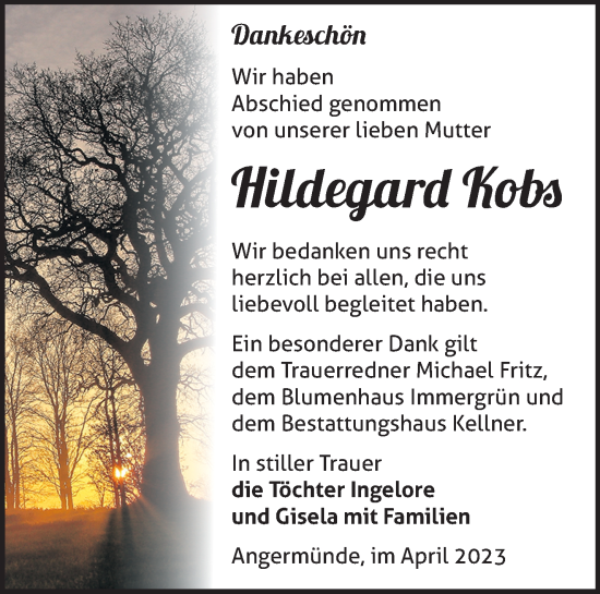 Traueranzeige von Hildegard Kobs von Märkische Oderzeitung