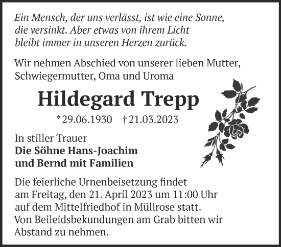 Traueranzeige von Hildegard Trepp von Märkische Oderzeitung