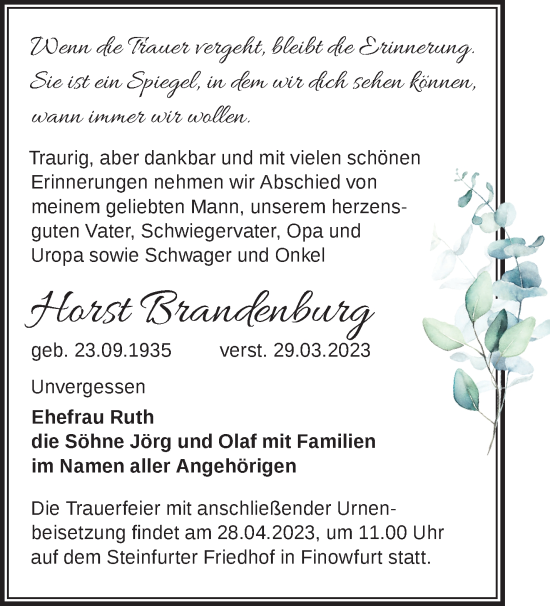 Traueranzeige von Horst Brandenburg von Märkische Oderzeitung