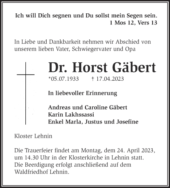 Traueranzeige von Horst Gäbert von Märkische Oderzeitung