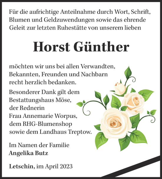 Traueranzeige von Horst Günther von Märkische Oderzeitung