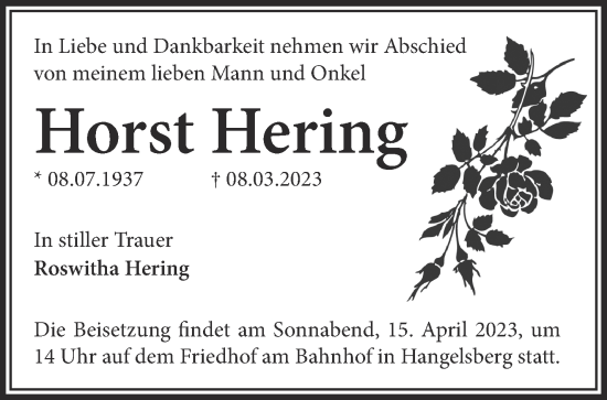 Traueranzeige von Horst Hering von Märkische Oderzeitung