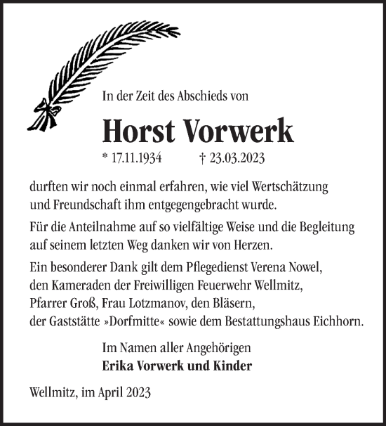 Traueranzeige von Horst Vorwerk von Märkische Oderzeitung