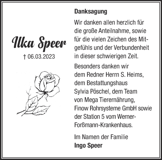 Traueranzeige von Ilka Speer von Märkische Oderzeitung