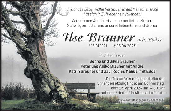 Traueranzeigen Von Ilse Brauner | Märkische Onlinezeitung Trauerportal