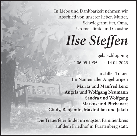 Traueranzeige von Ilse Steffen von Märkische Oderzeitung