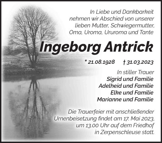 Traueranzeige von Ingeborg Antrick von Märkische Oderzeitung