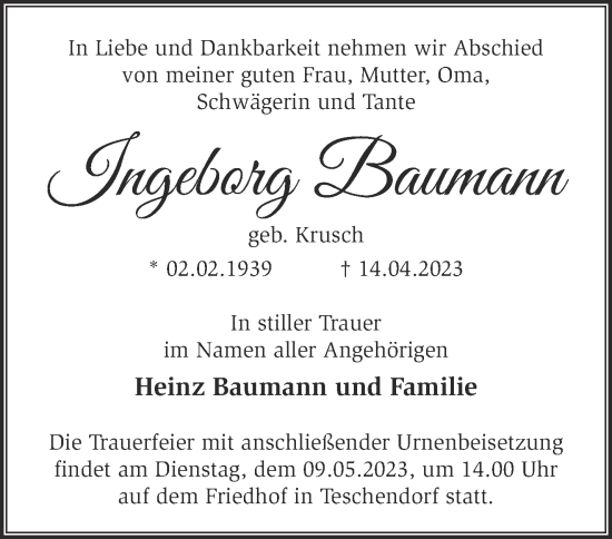 Traueranzeige von Ingeborg Baumann von Märkische Oderzeitung