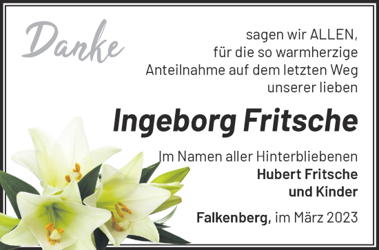 Traueranzeige von Ingeborg Fritsche von Märkische Oderzeitung