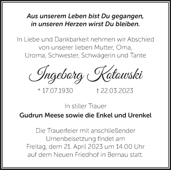 Traueranzeige von Ingeborg Kotowski von Märkische Oderzeitung