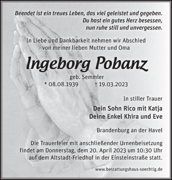 Traueranzeige von Ingeborg Pobanz von Märkische Oderzeitung