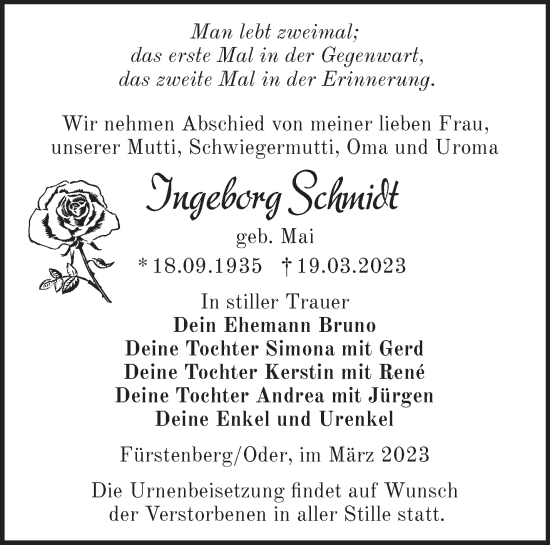 Traueranzeige von Ingeborg Schmidt von Märkische Oderzeitung