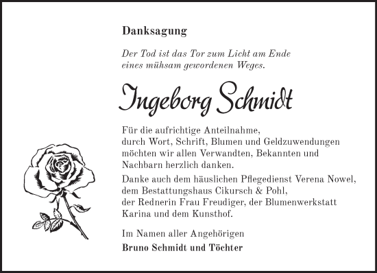 Traueranzeige von Ingeborg Schmidt von Märkische Oderzeitung