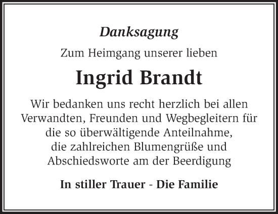 Traueranzeige von Ingrid Brandt von Märkische Oderzeitung