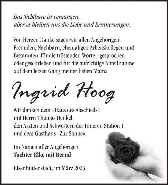 Traueranzeige von Ingrid Hoog von Märkische Oderzeitung