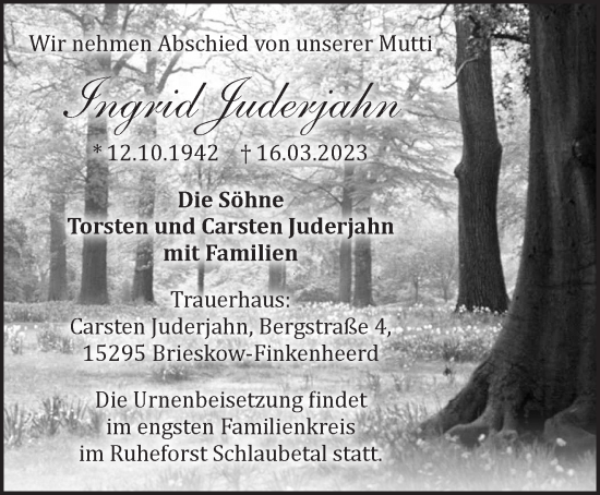 Traueranzeige von Ingrid Juderjahn von Märkische Oderzeitung