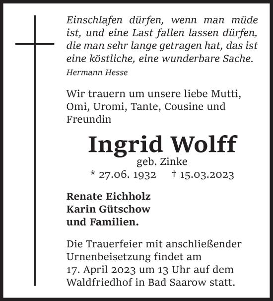 Traueranzeige von Ingrid Wolff von Märkische Oderzeitung