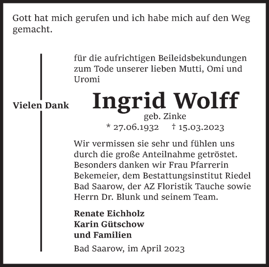 Traueranzeige von Ingrid Wolff von Märkische Oderzeitung