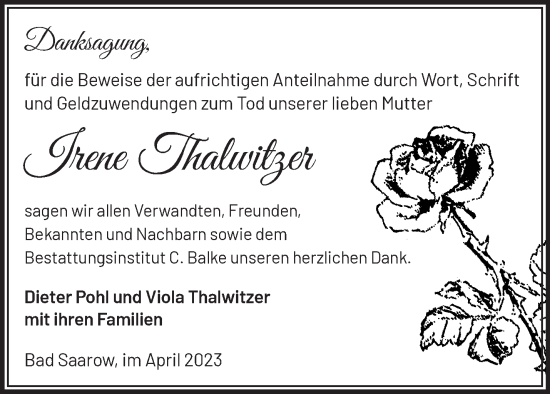 Traueranzeige von Irene Thalwitzer von Märkische Oderzeitung