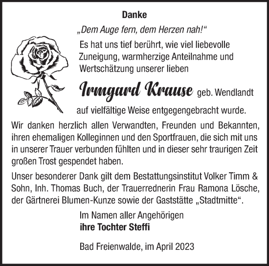 Traueranzeige von Irmgard Krause von Märkische Oderzeitung