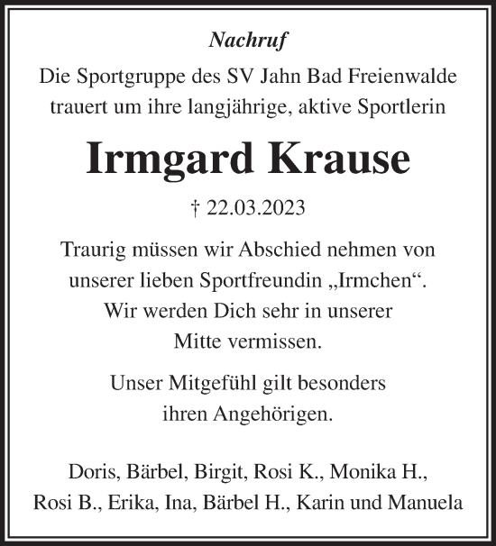 Traueranzeige von Irmgard Krause von Märkische Oderzeitung