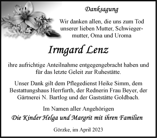 Traueranzeige von Irmgard Lenz von Märkische Oderzeitung