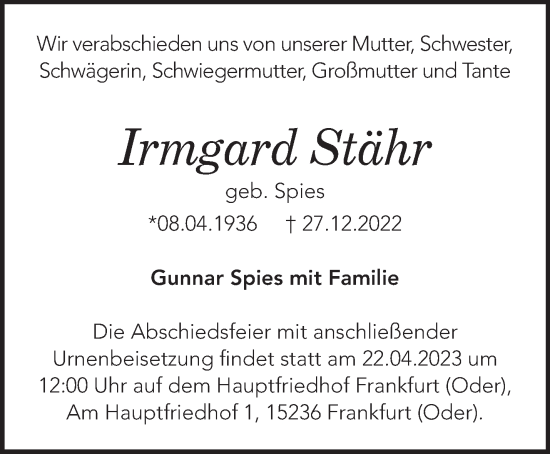 Traueranzeige von Irmgard Stähr von Märkische Oderzeitung