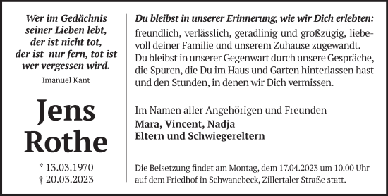 Traueranzeige von Jens Rothe von Märkische Oderzeitung