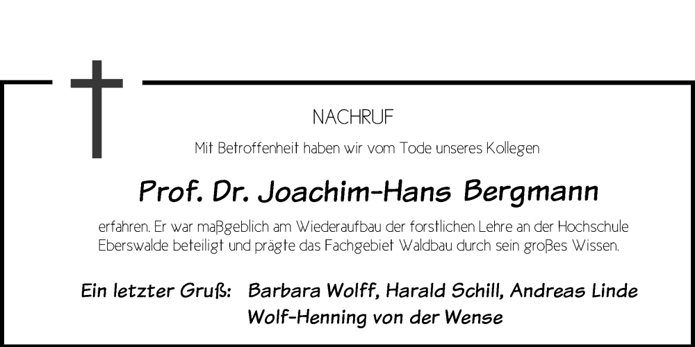  Traueranzeige für Joachim-Hans Bergmann vom 08.04.2023 aus Märkische Oderzeitung