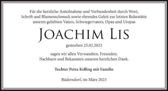 Traueranzeige von Joachim Lis von Märkische Oderzeitung