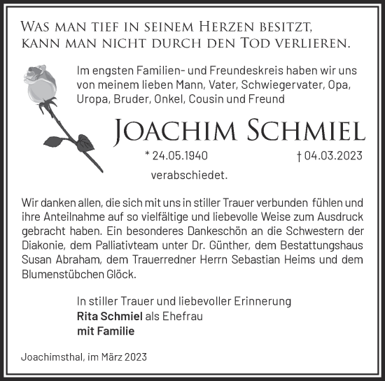 Traueranzeige von Joachim Schmiel von Märkische Oderzeitung