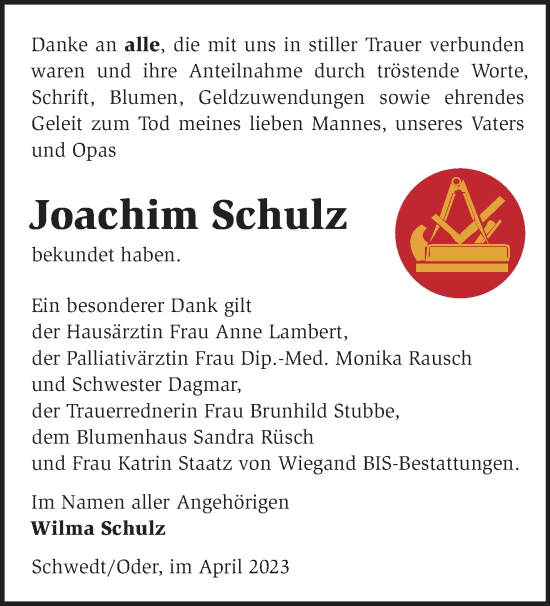 Traueranzeige von Joachim Schulz von Märkische Oderzeitung
