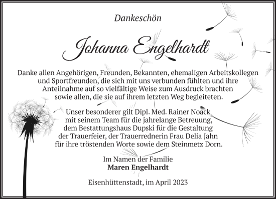 Traueranzeige von Johanna Engelhardt von Märkische Oderzeitung