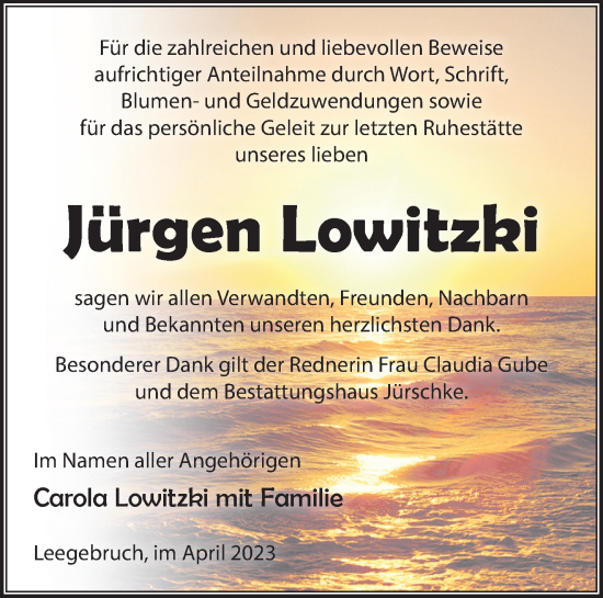 Traueranzeige von Jürgen Lowitzki von Märkische Oderzeitung