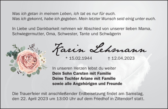 Traueranzeige von Karin Lehmann von Märkische Oderzeitung