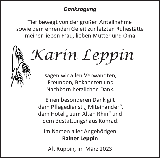 Traueranzeige von Karin Leppin von Märkische Oderzeitung