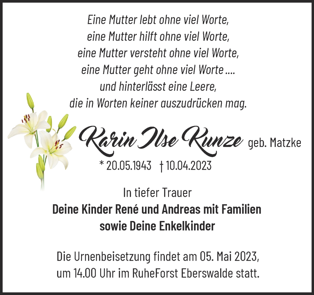 Traueranzeigen Von Karin Ilse Kunze M Rkische Onlinezeitung Trauerportal