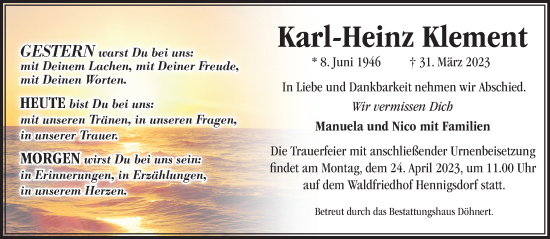 Traueranzeige von Karl-Heinz Klement von Märkische Oderzeitung