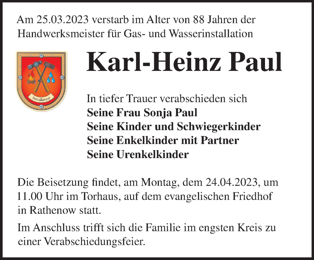 Traueranzeigen Von Karl Heinz Paul M Rkische Onlinezeitung Trauerportal