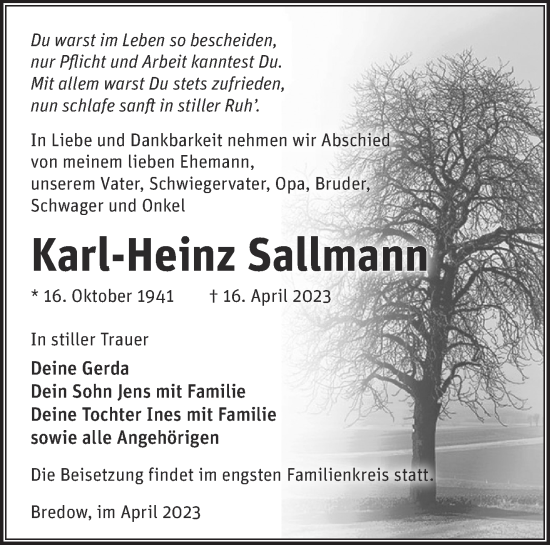 Traueranzeige von Karl-Heinz Sallmann von Märkische Oderzeitung